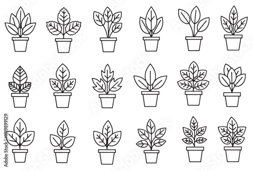 Multiple potted plant line art icons featuring varied leaf shapes arranged in rows expressing growth nature greenery and botanical 