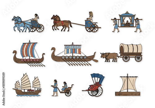Historical Transportation Ancient Vehicles and Vessels Illustration