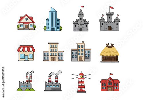 Diverse Architectural Styles Colorful Building Icon Set for Urban Design