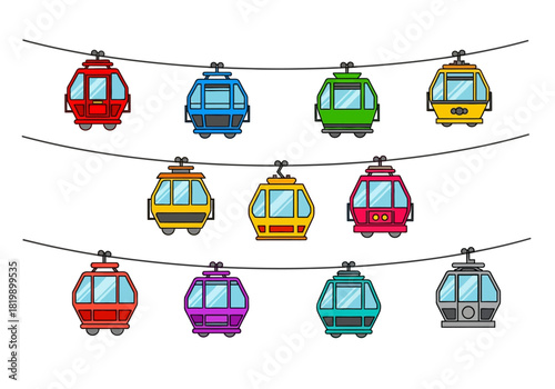 Cable Car Lineup A Colorful Array of Gondola Lifts Hanging Together