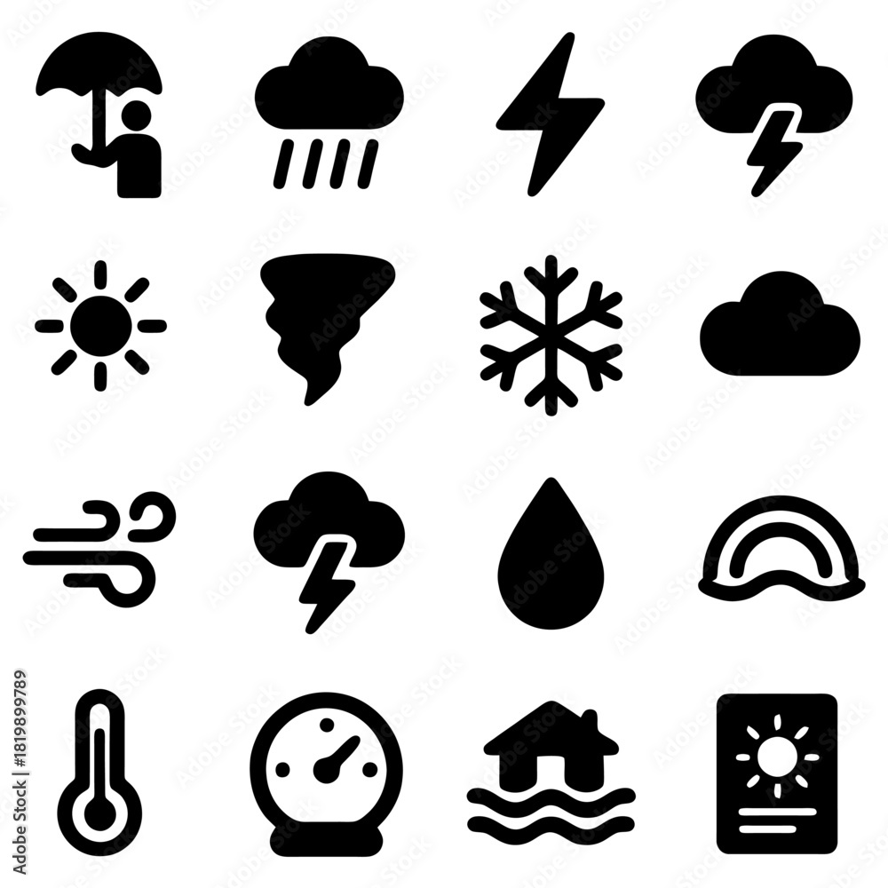 Naklejka premium Weather Icons: A collection of weather icons, meticulously designed to communicate various climatic conditions, offering clear and concise visual representations.