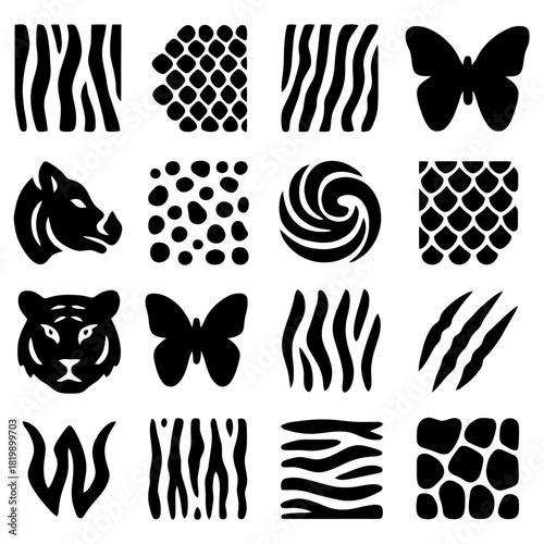 Animalistic Motif Set: A diverse selection of striking, black-and-white animalistic motifs, ideal for design elements. These illustrations exhibit texture, form, and intricate patterns.