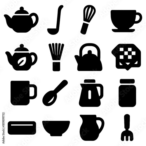 Kitchenware Silhouette: A collection of various kitchen essentials, elegantly captured in a stark black silhouette against a clean backdrop. Perfectly suited for culinary and design projects.