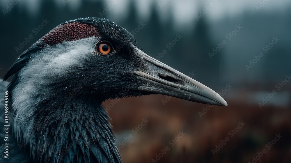 Naklejka premium A close-up portrait of a crane bird with detailed feathers and a sharp beak, set against a misty forest backdrop.