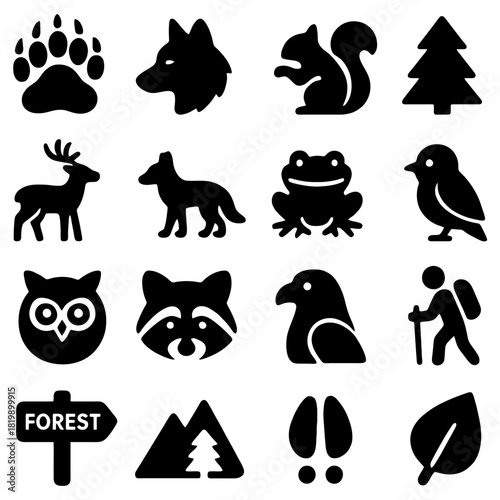 Forest Icon Set: A collection of simple silhouette icons representing forest life, including animals, flora, and outdoor elements. Capturing the essence of nature's diverse inhabitants.