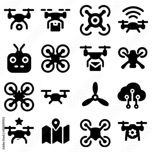 Aerial Drone Icons: A collection of various drone icons, representing different applications and features. Each icon portrays the versatility and innovation in the field of unmanned aerial vehicles. 
