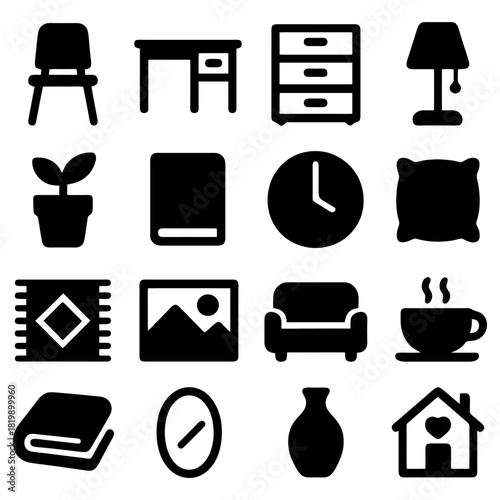 Decor Items: Array of iconic interior design, from chair and desk to decorative pieces and essential household items.