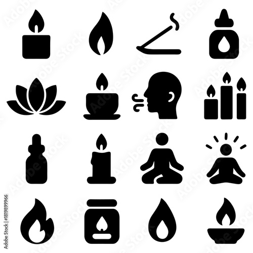 Mindful Aromatherapy Essentials: An array of serene icons depicting essential aromatherapy elements, from delicate candles to fragrant incense, perfect for a tranquil wellness session.