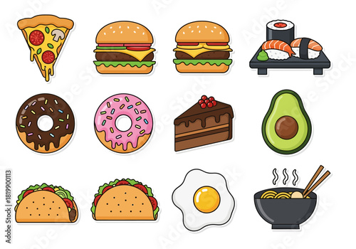 Delicious Cartoon Food Icons Pizza, Burger, Sushi, Tacos & Avocado