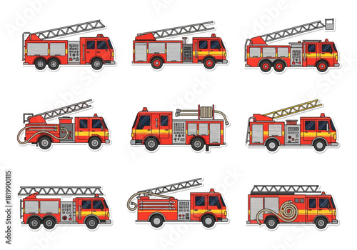 Set of Red Fire Trucks in Different Styles and Angles, Vehicle Transport