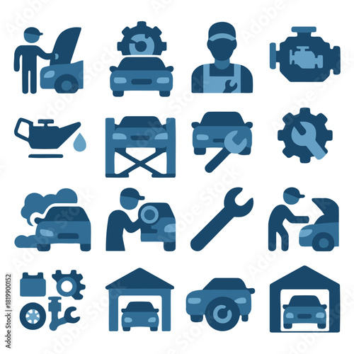 Automotive Service Icons: A collection of various workshop illustrations depicts key aspects of car care and repair, illustrating a range of vehicle maintenance scenarios, gear, oil and repair.
