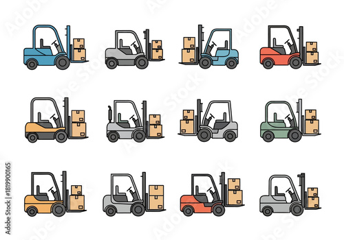 Collection of Forklift Trucks in Various Colors, Isolated