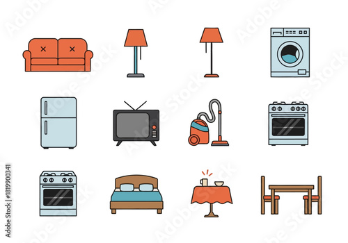 Household Furniture and Appliance Icons Set for Interior Design Projects