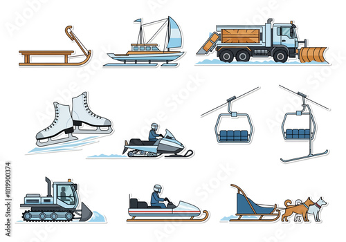 Collection of Winter Sports and Vehicles for Snow Activities