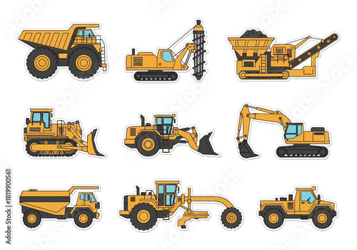 Set of Mining and Construction Heavy Equipment Icons