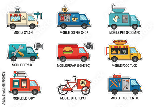 Selection of Mobile Service Trucks Salon, Coffee, Grooming, Repair, Library & Food