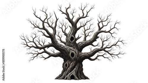 Spooky old gnarled oak tree with hollows and bare branches isolated on transparent background