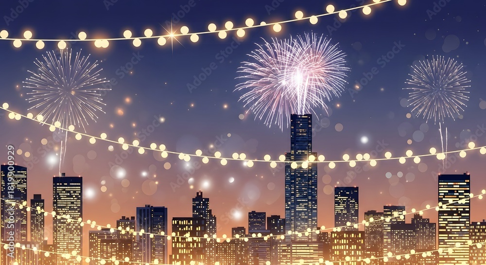 Fototapeta premium City skyline at night with fireworks and string lights celebration