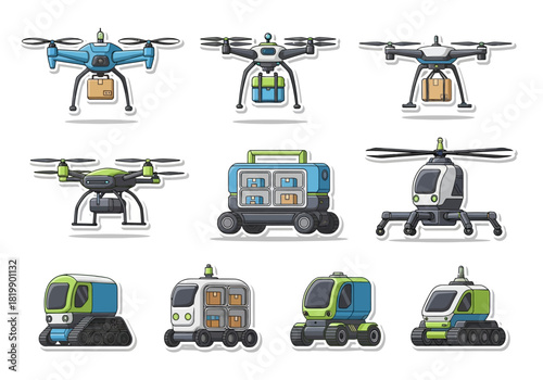 Futuristic Delivery Vehicles Icon Set Drones & Robots