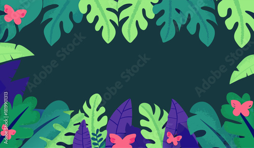 Tropical Rainforest Digital Illustration with Butterflies and Lush Foliage