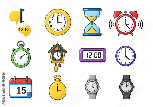 Time Management Icons Clocks, Timers, and Calendars Set for Planning