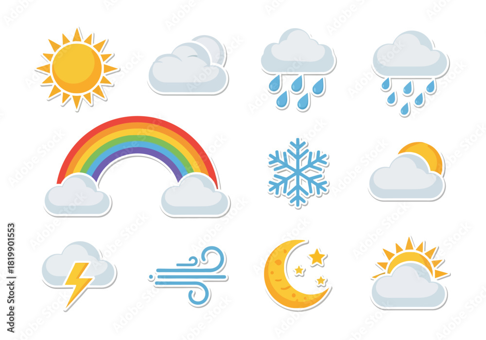 Obraz premium Weather Elements Sunny, Cloudy, Rainy, Rainbow, Wind, Moon & Snow Icons