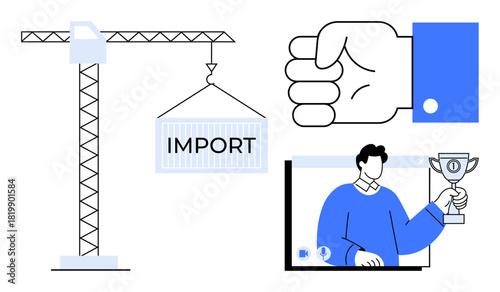 Crane lifting an import container, clenched fist symbolizing strength, and person holding a trophy on a screen. Ideal for trade, business growth, motivation, virtual awards, logistics, globalization