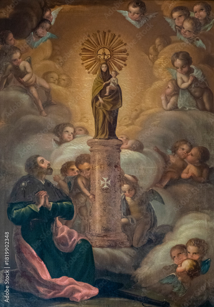 Fototapeta premium Painting (19th century) of Blessed Virgin Mary holding baby Jesus Christ in her arms.