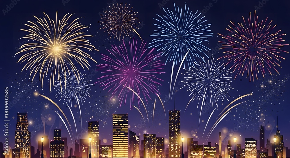 Fototapeta premium Colorful fireworks exploding over a silhouetted city skyline at night