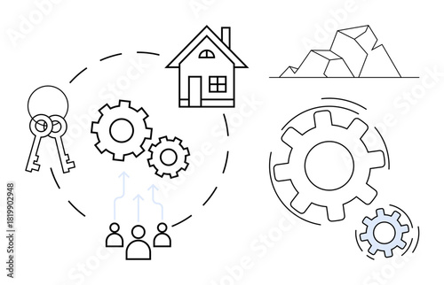 House, keys, interconnected gears, people, broken rocks represent collaboration, property ownership, problem-solving, teamwork goal setting business planning resource management. Ideal
