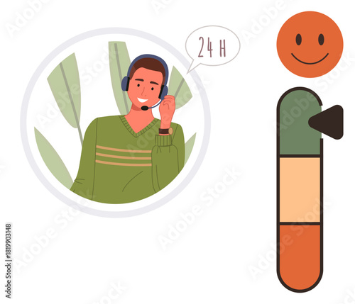 Smiling support agent wearing a headset, 24-hour speech bubble, and a satisfaction level meter. Ideal for customer service, support, user experience, communication, feedback, helpdesk simple flat