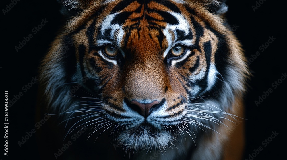 Naklejka premium A striking close-up of a tiger's face with intense eyes and detailed fur against a dark background.