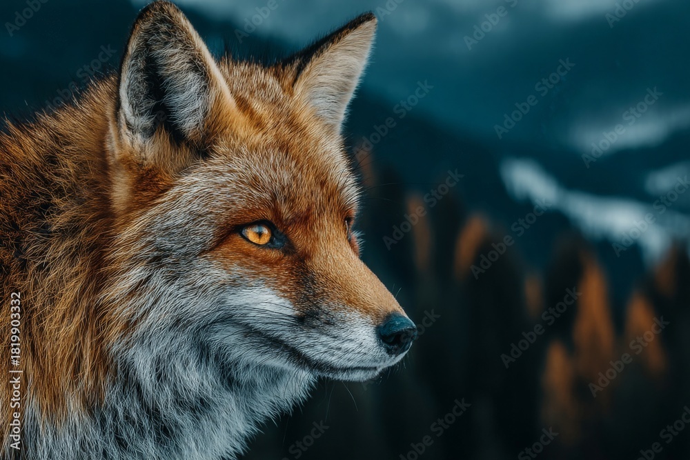 Naklejka premium A close-up portrait of a red fox with striking amber eyes, set against a blurred forest backdrop.