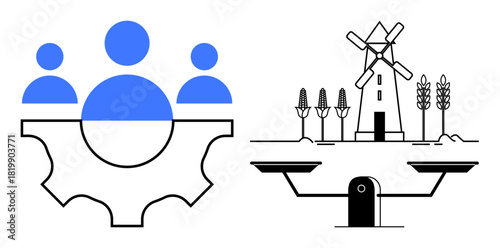 Teamwork symbols on gear, sustainable farming with windmill and wheat, and balance scales. Ideal for teamwork, sustainability, community, innovation, fairness, equality and resource management