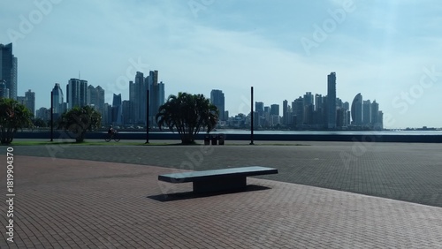 View of Panama City buildings, Cinta Costera, bay