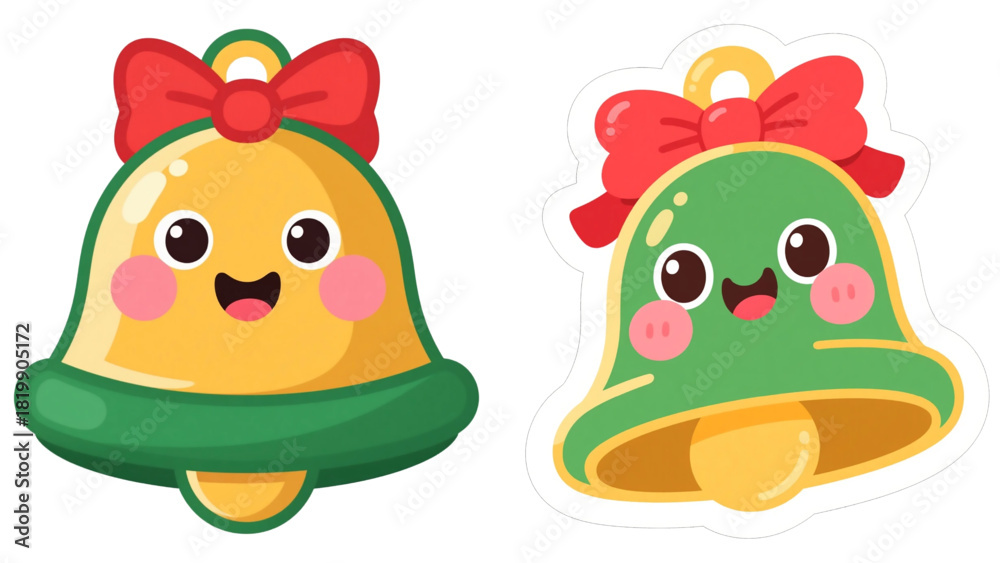 Fototapeta premium Shiny 3D cartoon Christmas bells with bright red bow, glossy vector illustration featuring vivid festive color and modern holiday style. Christmas bells illustration