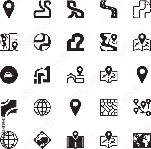 Navigation thin line icon set. Determining geographic location, route planning, and spatial orientation. Geolocation, pinpoint, map

