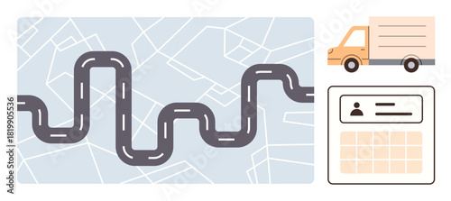 Curvy road on map background, delivery truck, and schedule interface highlight logistics, navigation, and planning. Ideal for transport, logistics, shipping, scheduling navigation fleet management