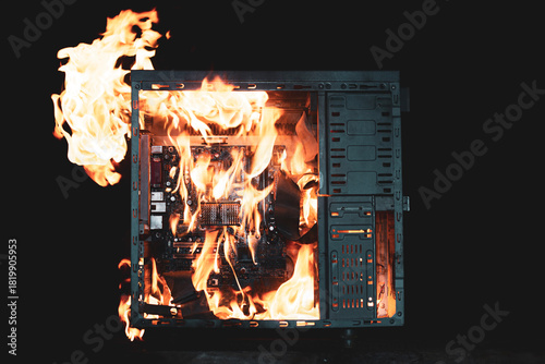 A computer case on fire emits bright flames, highlighting its internal components. The scene captures the intensity of the fire against a dark background.