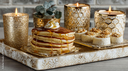 A tray of pancakes with syrup and a few nuts on top. The tray is set on a wooden table