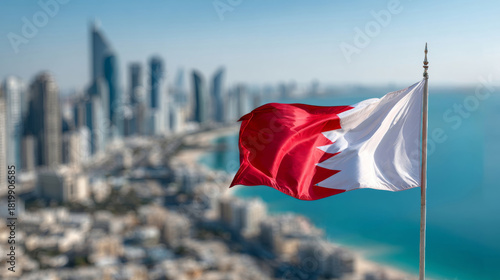 Bahraini flag waves proudly over a vibrant coastal city celebrating Independence Day