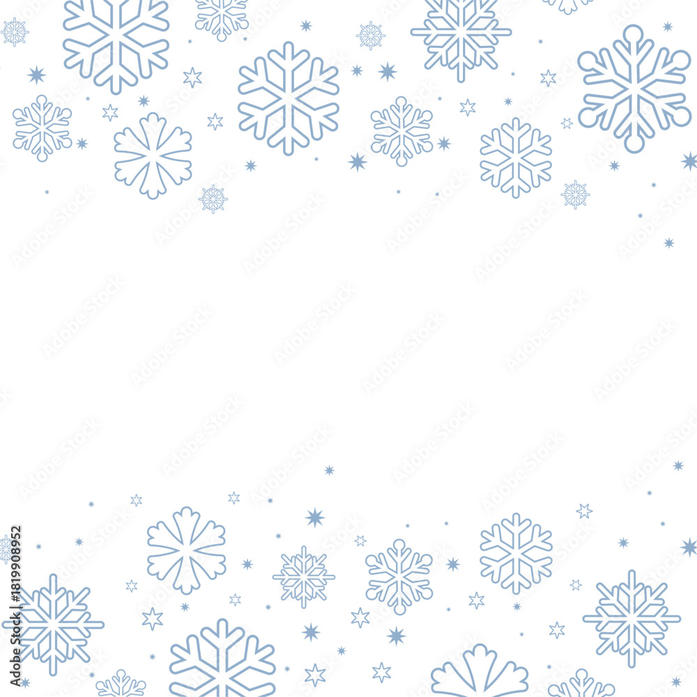 Fototapeta premium Square winter background featuring a border created by various sizes of soft light blue snowflakes and tiny stars on a crisp white background. Ample copy space in the center, perfect for Christmas, ho