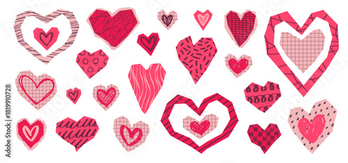 Collage hearts with patterns and doodles. Hand drawn Valentine's day decor elements. Cut out paper pieces for scrapbook, love and caring symbol vector illustration set