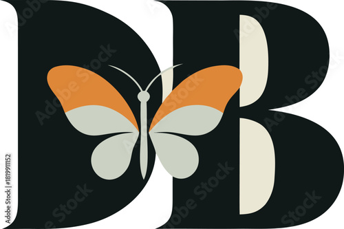 Monarch butterfly graphic integrated with stylized black letters db