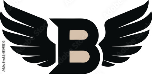 Black letter b with stylized wings, graphic design logo on tan background