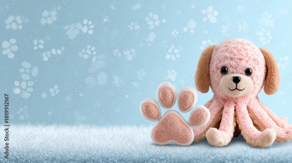 Fototapeta premium Cute Octopus Mascot Holds a Paw Print Toy on a Fluffy Pastel Background During a Pet Product Promotion Event