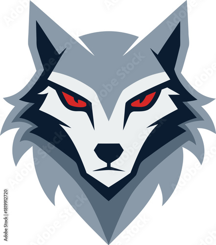 Aggressive gray wolf head logo with red eyes and sharp features