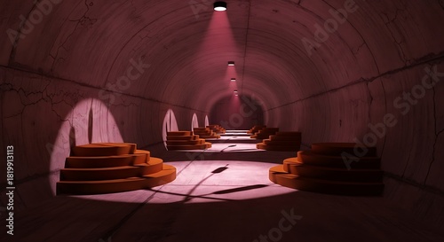 Mysterious Tunnel with Platforms and Soft Pink Light in the Distance