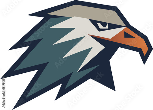 Stylized eagle head logo with sharp angles and blue green feathers