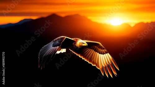 Majestic golden eagle soaring across vibrant sunset sky in powerful wildlife display